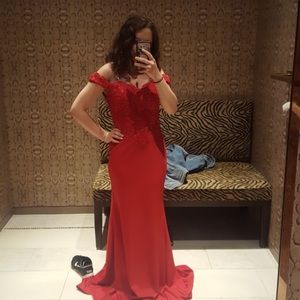 Red off the shoulder prom dress
